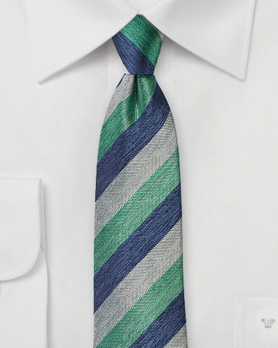 Mens Striped Silk Necktie with Blue, Green, Silver Stripes