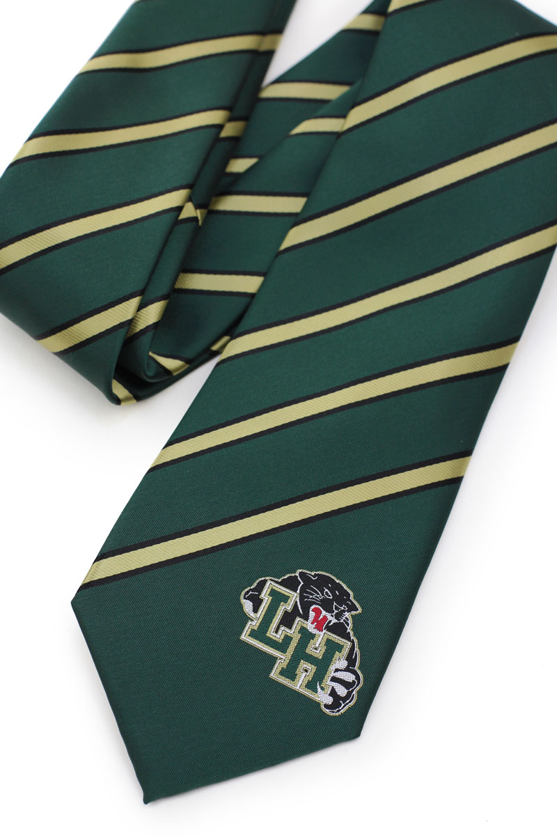 custom green and gold striped logo ties
